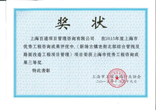 上海市优秀工程咨询成果奖三等奖（新场古镇老街北部综合管线及路面改造工程项目管理）
