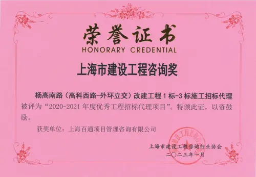 杨高南路（高科西路-外环立交）改建工程1标-3标施工招标代理-2020-2021年度优秀工程招标代理项目